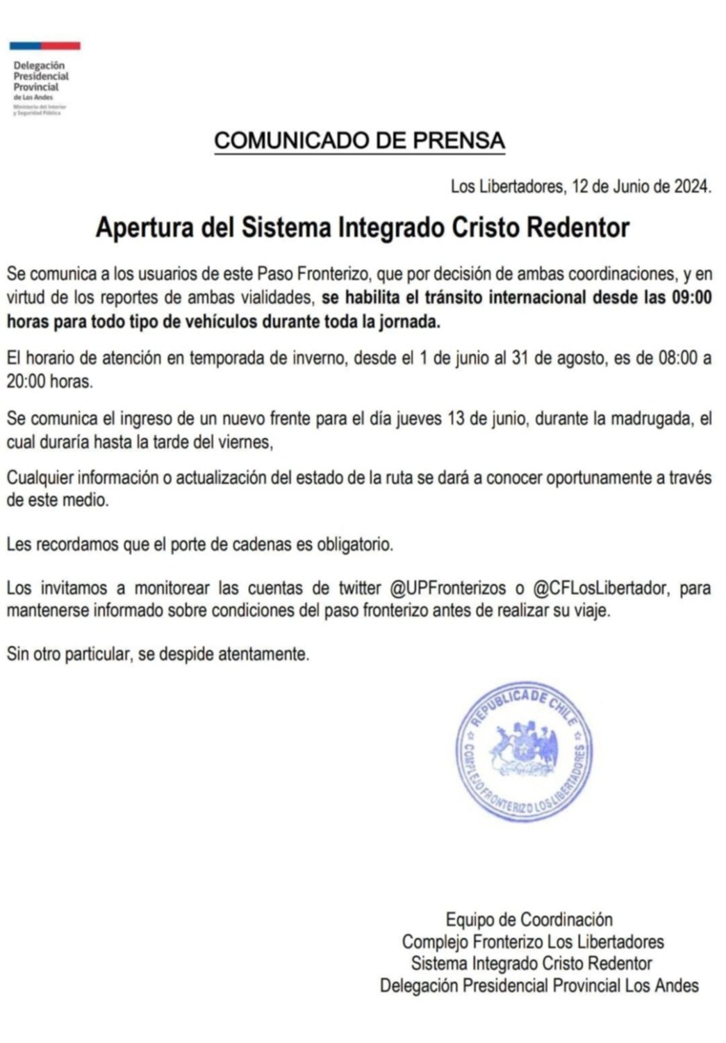 Paso Cristo Redentor: reabierto despus de cuatro das cerrado por nieve