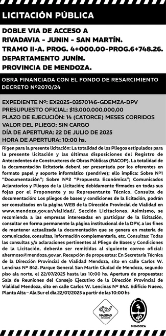Llaman a licitación por la segunda etapa de la Doble Vía del Este de Mendoza