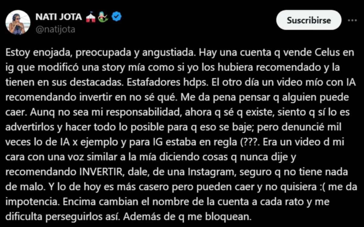 La impotencia y enojo de Nati Jota al enterarse que su imagen fue usada en publicidad engaosa
