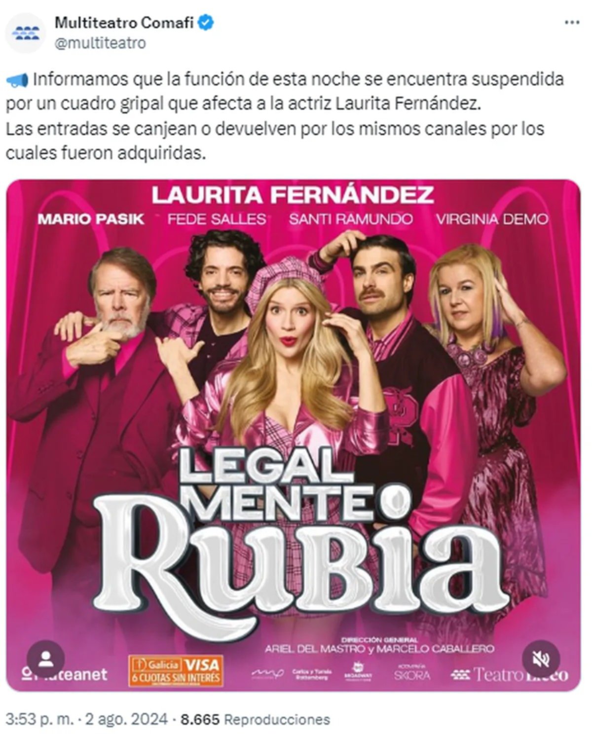 Problemas en la salud de Laurita Fernndez obligaron a suspender la funcin de Legalmente Rubia